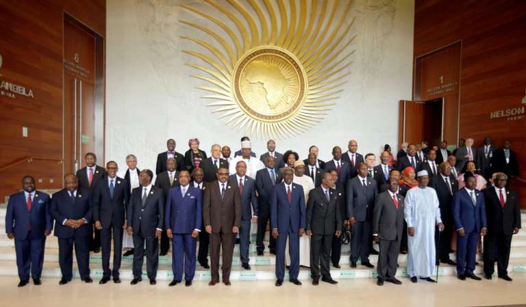 Heads of states and governments pose for a group photo during the opening ceremony of the 29th Ordinary Session of the Assembly of the Heads of State and the Governments in Addis Ababa